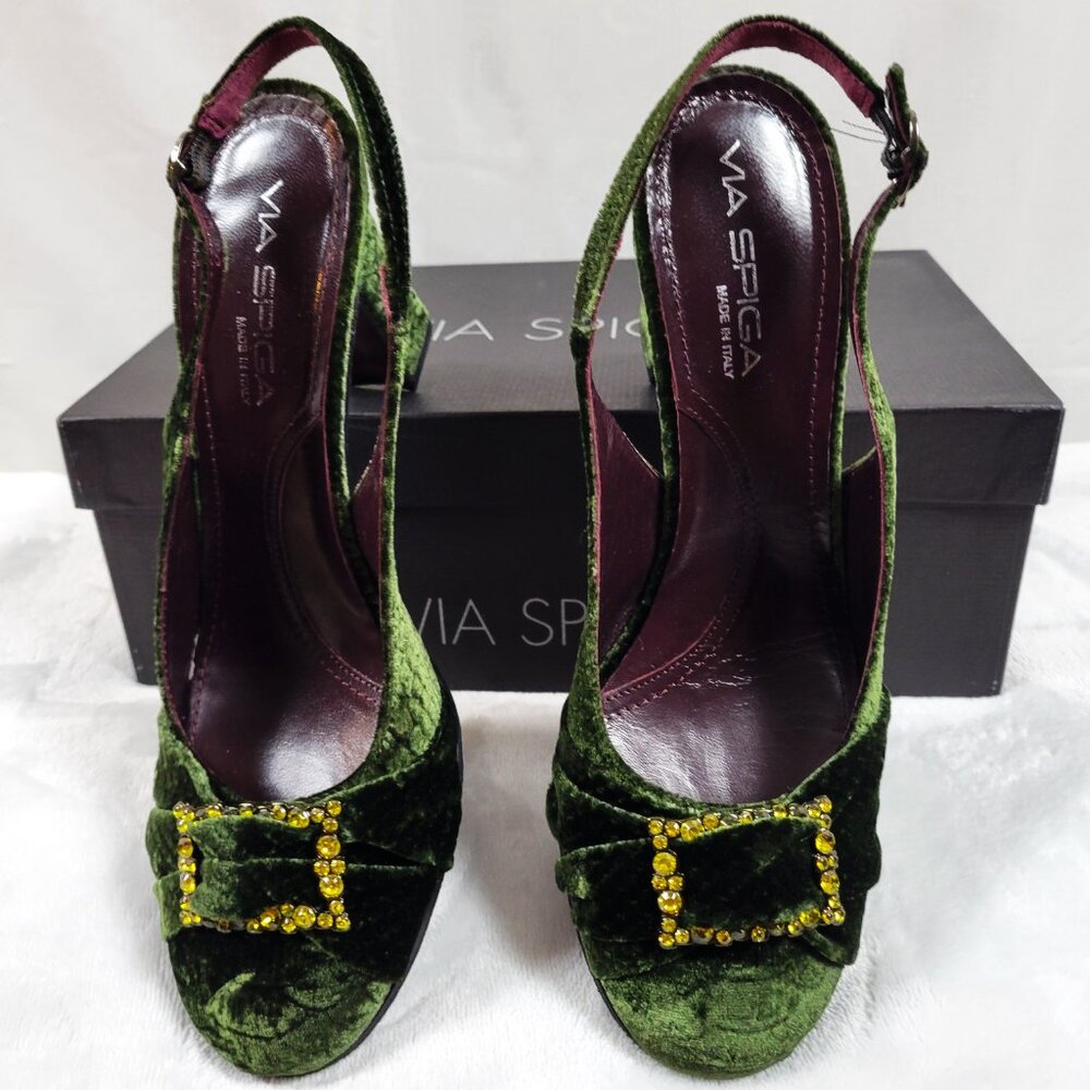 Via Spiga Dark Green Velvet Python Slingback Pump… - image 3